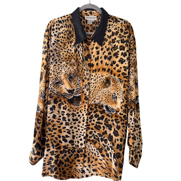 Bloomingdales Womens Silk Cheetah Print Button-Up Shirt Genuine Leather Collar - Picture 12 of 16